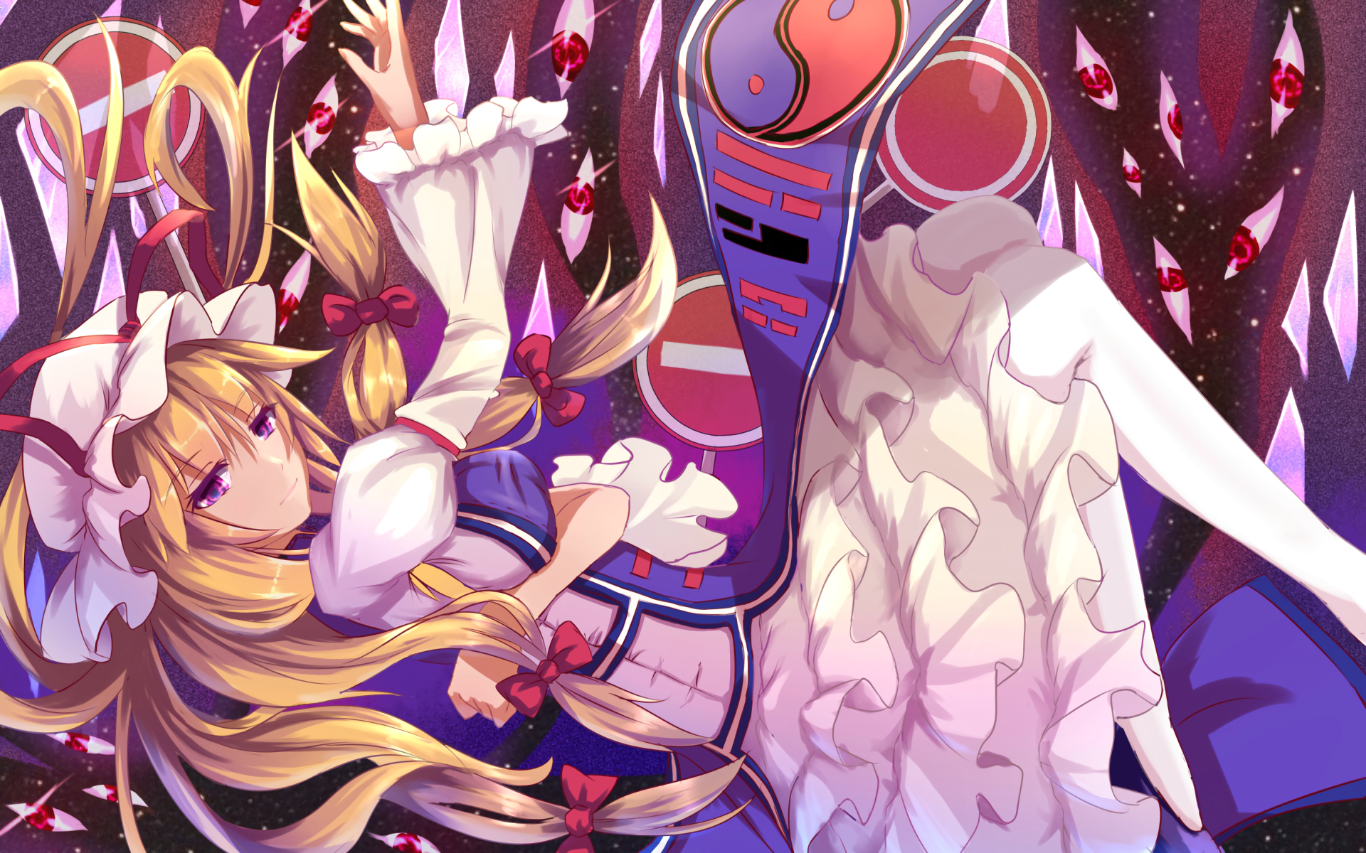 HD PC wallpaper of Yukari Yakumo (Touhou): reclining in a frilled dress with ribbons amid a surreal night forest, gap motifs and floating red gems.