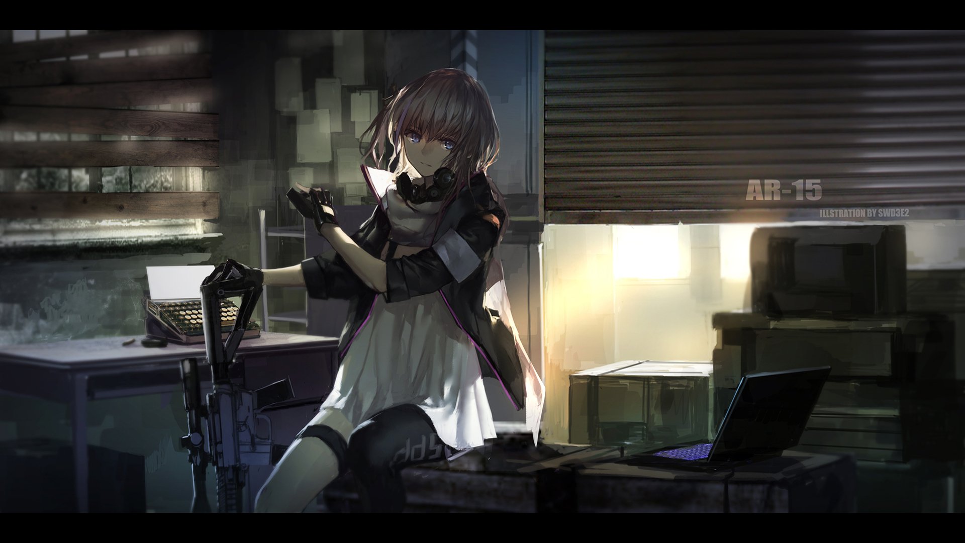 An anime HD PC desktop wallpaper featuring a character in a dimly lit setting, seated with an umbrella, surrounded by technology and contrasting light and shadows.