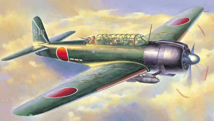 HD desktop wallpaper featuring a detailed illustration of a Nakajima B6N military aircraft flying against a softly colored sky.
