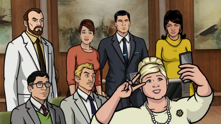 HD PC desktop wallpaper of the TV show Archer (TV Show): animated cast pose for a group selfie against a muted office backdrop.