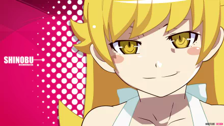 HD desktop wallpaper featuring Shinobu Oshino from the Monogatari series, showcasing her long blonde hair and striking yellow eyes in vibrant anime style.