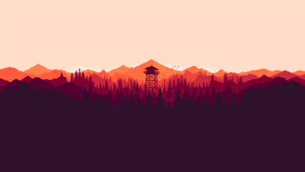 HD desktop wallpaper and background from the game Firewatch, featuring a silhouetted watchtower amidst a forest with mountains in the background, bathed in warm red and orange hues.