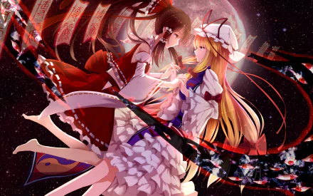 Yukari Yakumo and Reimu Hakurei from Touhou, anime-style 2K Quad HD PC desktop wallpaper showing them facing each other amid swirling ribbons, ofuda charms and a crimson moonlit sky.