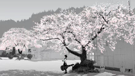 An anime girl with short black hair stands under a sakura blossom tree holding a guitar. She wears a school uniform and a skirt. The background features a serene landscape in HD, making it a captivating wallpaper.