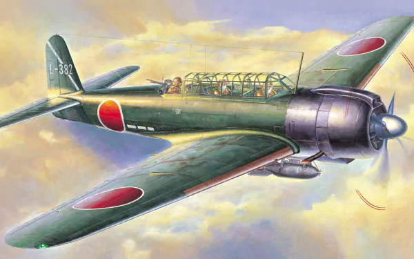 HD desktop wallpaper featuring a detailed illustration of a Nakajima B6N military aircraft flying against a softly colored sky.