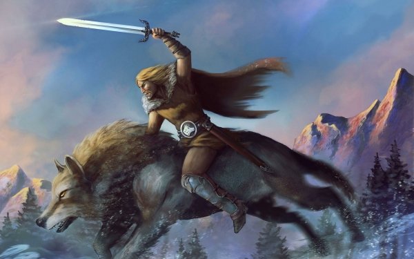 Fantasy Warrior Wolf Sword Mountain HD Wallpaper | Background Image