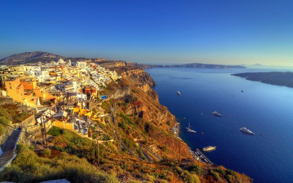 Man Made Santorini Towns Greece Sea Coast Panorama Horizon Boat HD Wallpaper | Background Image