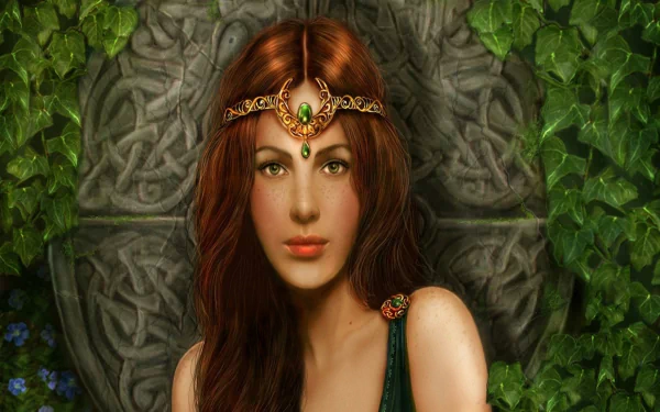HD fantasy PC wallpaper featuring a redhead woman adorned with intricate jewelry, set against a mystical backdrop of lush greenery and ancient stone carvings.