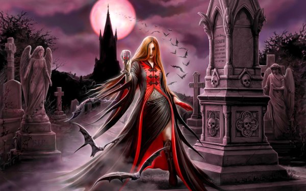 Fantasy Vampire Cemetery Gothic Moon Night Bat Statue HD Wallpaper | Background Image