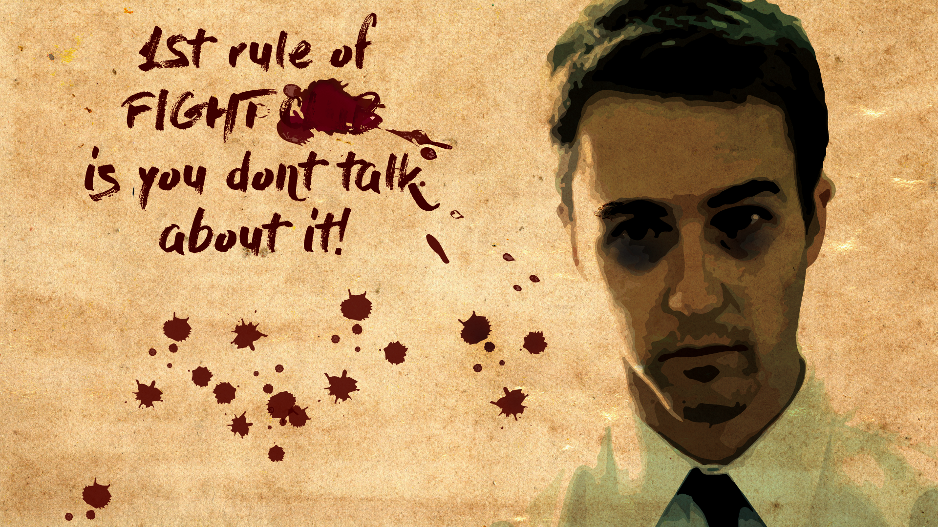 HD PC desktop wallpaper featuring a stylized image of a man from the movie Fight Club with the phrase 1st rule of Fight Club is you don't talk about it! in blood-like text.