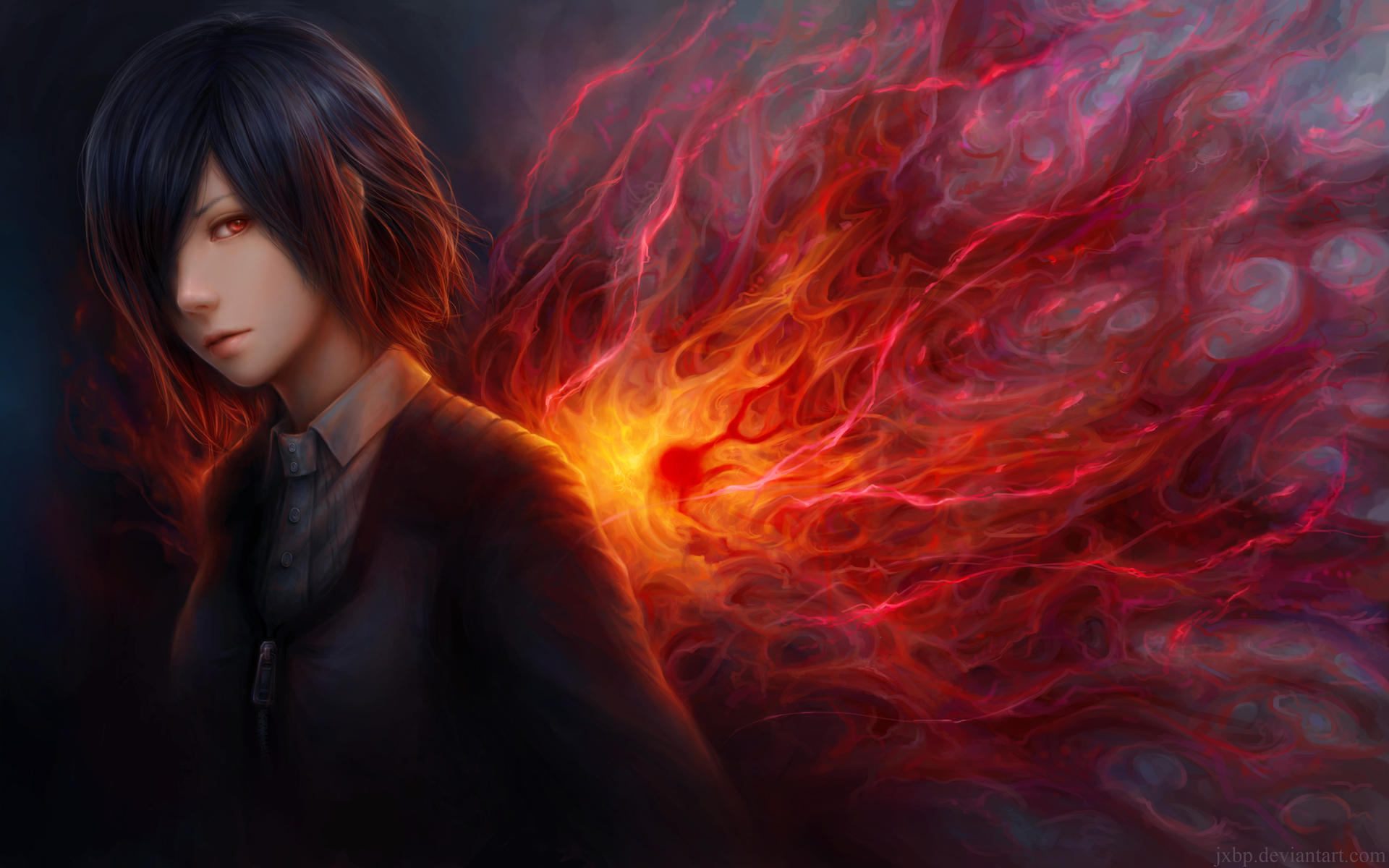 A striking HD wallpaper featuring Touka Kirishima from Tokyo Ghoul, showcasing her blue hair, red eyes, and a vivid kagune with fiery details in the background.