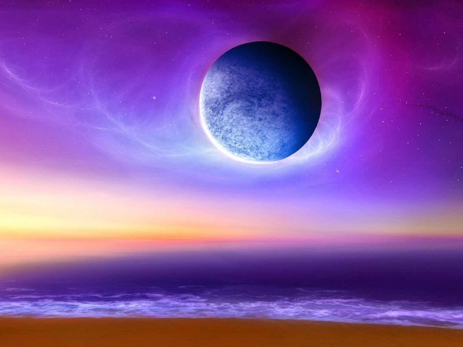 Download Purple Sky Sand Ocean Beach CGI Sci Fi Planet Wallpaper