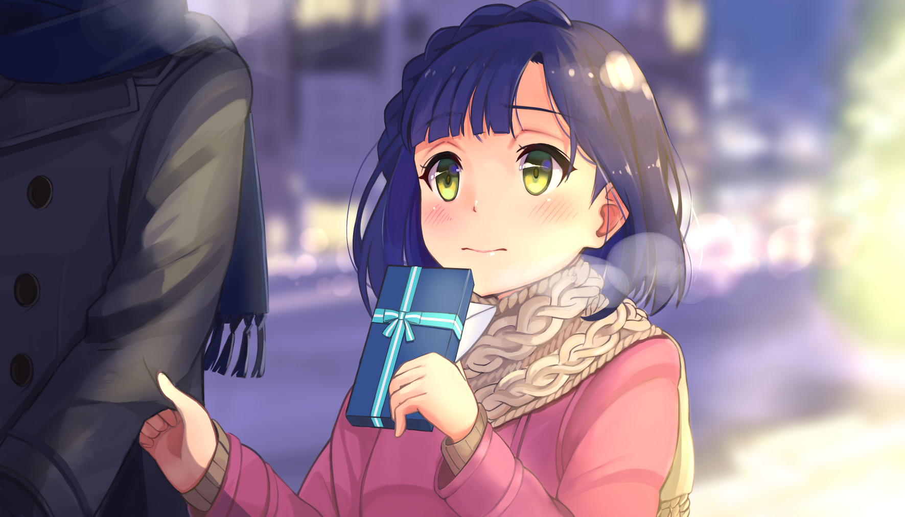 Yuriko Nanao from THE iDOLM@STER: Million Live! — short hair, green eyes and blush, wearing a scarf and holding a wrapped gift. Anime HD PC wallpaper/background.