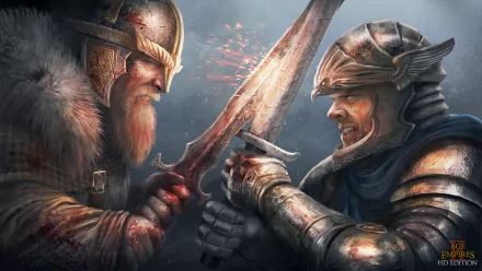 An intense battle scene from Age of Empires II HD, featuring two warriors in armor engaging in combat, showcasing detailed graphics suitable as a desktop wallpaper.