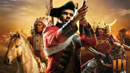 A vibrant HD desktop wallpaper from Age of Empires III featuring a soldier, Native American warriors, and samurai, set against a historical backdrop of battle and strategy.