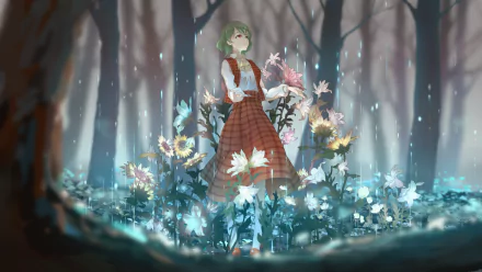 HD anime desktop wallpaper featuring Yuuka Kazami from Touhou, standing in a glowing flower-filled forest with soft light and misty trees in the background.