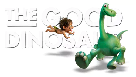 HD desktop wallpaper from the movie The Good Dinosaur, featuring vibrant characters running joyfully with the movie title in the background.
