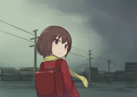 A misty landscape featuring Kayo Hinazuki from Boku Dake Ga Inai Machi (Erased), with a red backpack and yellow scarf, evoking a sense of nostalgia and intrigue.