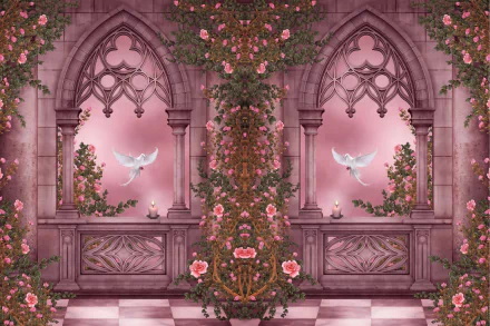 A serene fantasy scene featuring a dove amidst elegant columns, pink roses, and vines, set against a soft pink arch with flickering candles. Stunning 4K Ultra HD wallpaper for desktop.