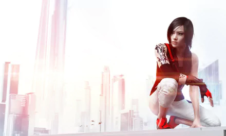 A dynamic 4K Ultra HD wallpaper featuring Faith Connors from the video game Mirror's Edge Catalyst, crouching with a futuristic city skyline in the background.