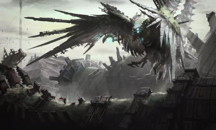 A steampunk creature resembling a bird towers over a warrior in a desolate landscape, inspired by Shadow of the Colossus. This striking HD wallpaper captures an epic confrontation.
