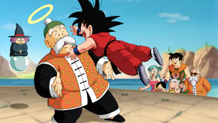 A vibrant HD wallpaper featuring characters from Dragon Ball: Goku joyfully interacts with Master Roshi, with Bulma, Krillin, Yamcha, Fortuneteller Baba, and Gohan in the background.