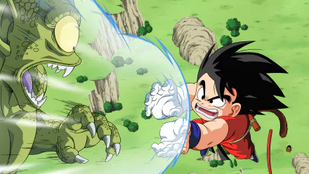 HD Dragon Ball desktop wallpaper featuring Goku using energy blast against a giant creature, with Yajirobe and Tambourine characters in an anime-style background.