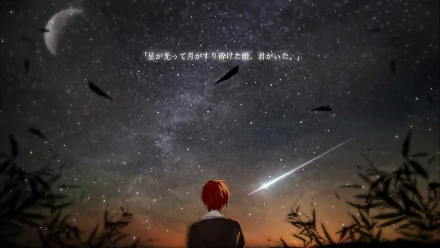 HD desktop wallpaper featuring Karma Akabane from Anime Assassination Classroom. He is gazing at a starry night sky with a shooting star and the moon visible, surrounded by silhouetted plants and leaves.