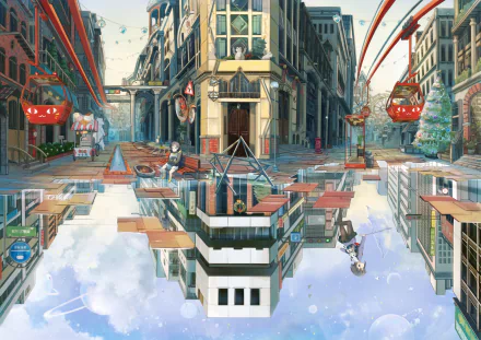 HD anime wallpaper features a cityscape with a reflecting pool. A child is sitting by the water, with buildings and suspended cable cars enhancing the urban scenery.