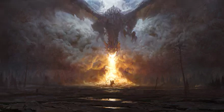 A high-definition fantasy wallpaper featuring a fierce dragon breathing fire, surrounded by smoke.