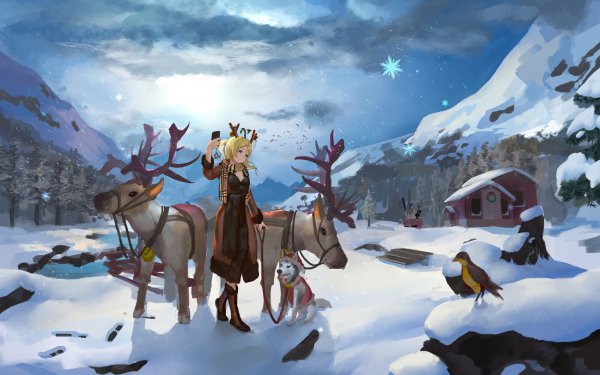 Anime Love Live! Eri Ayase Ponytail Long Hair Blonde Snow Winter Scarf Bird Dog Mountain Reindeer HD Wallpaper | Background Image