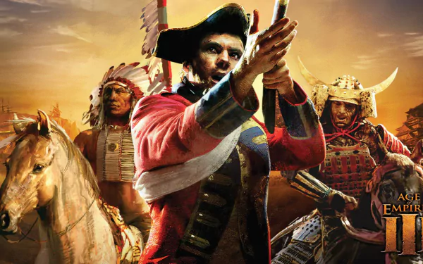 A vibrant HD desktop wallpaper from Age of Empires III featuring a soldier, Native American warriors, and samurai, set against a historical backdrop of battle and strategy.