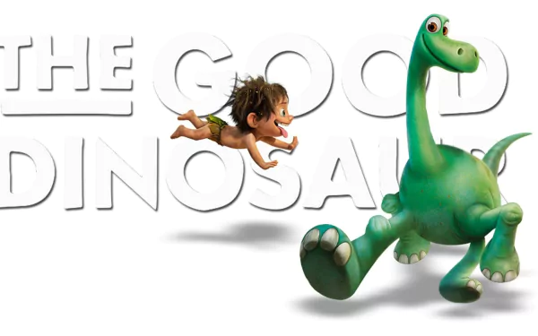 HD desktop wallpaper from the movie The Good Dinosaur, featuring vibrant characters running joyfully with the movie title in the background.
