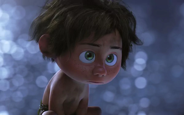 HD desktop wallpaper from the movie The Good Dinosaur, featuring a close-up of a character with large, expressive eyes and tousled hair, set against a soft, out-of-focus background.