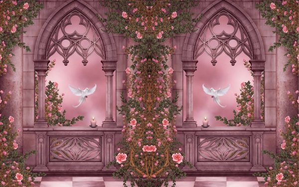 Fantasía Artístico Arco natural Rosa Vine Paloma Vela Columns Ave Fondo de pantalla HD | Fondo de Escritorio