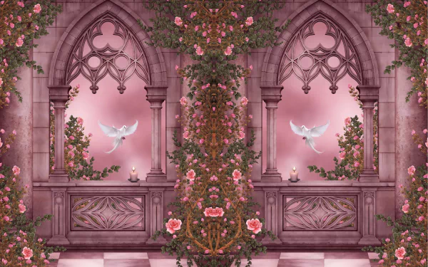 A serene fantasy scene featuring a dove amidst elegant columns, pink roses, and vines, set against a soft pink arch with flickering candles. Stunning 4K Ultra HD wallpaper for desktop.