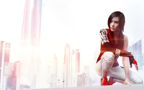 A dynamic 4K Ultra HD wallpaper featuring Faith Connors from the video game Mirror's Edge Catalyst, crouching with a futuristic city skyline in the background.