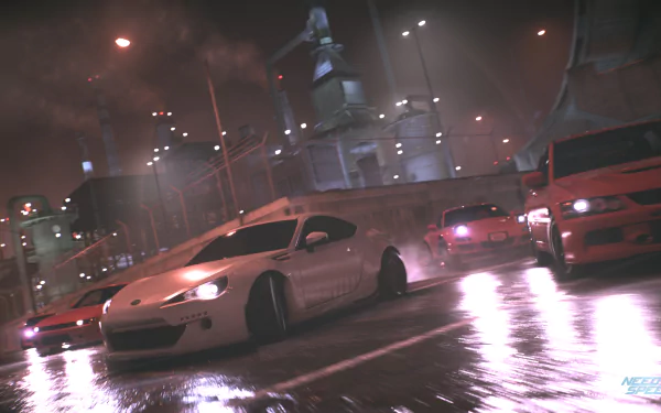 High-speed cars race through a wet urban street at night in this 4K Ultra HD PC desktop wallpaper from the video game Need For Speed (2015).