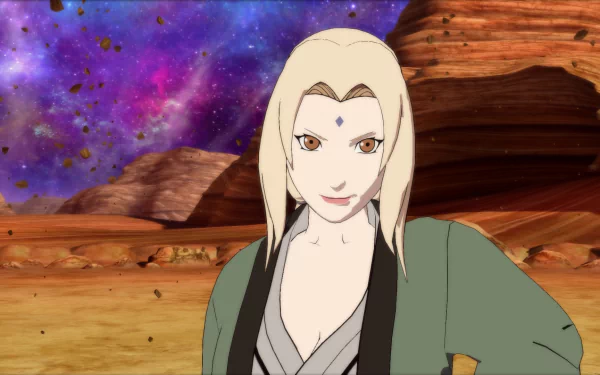 HD desktop wallpaper featuring Tsunade from Naruto Shippuden: Ultimate Ninja Storm 4, set against a cosmic background with rock formations.