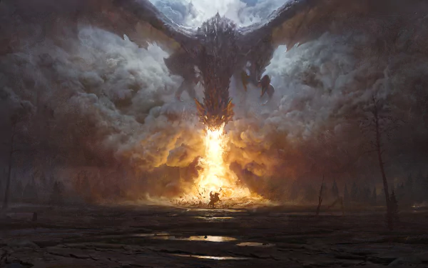 A high-definition fantasy wallpaper featuring a fierce dragon breathing fire, surrounded by smoke.