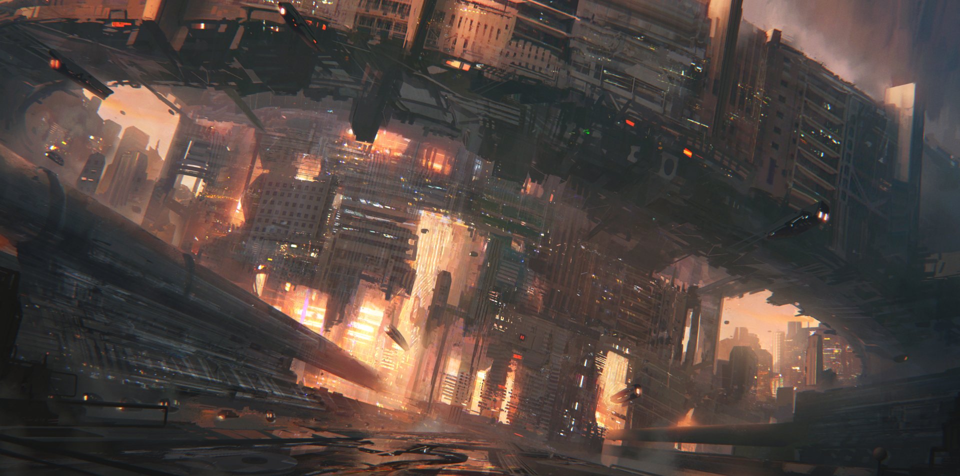 HD desktop wallpaper of a sci-fi cityscape featuring a sprawling futuristic city with glowing lights and towering structures under a dramatic sky.