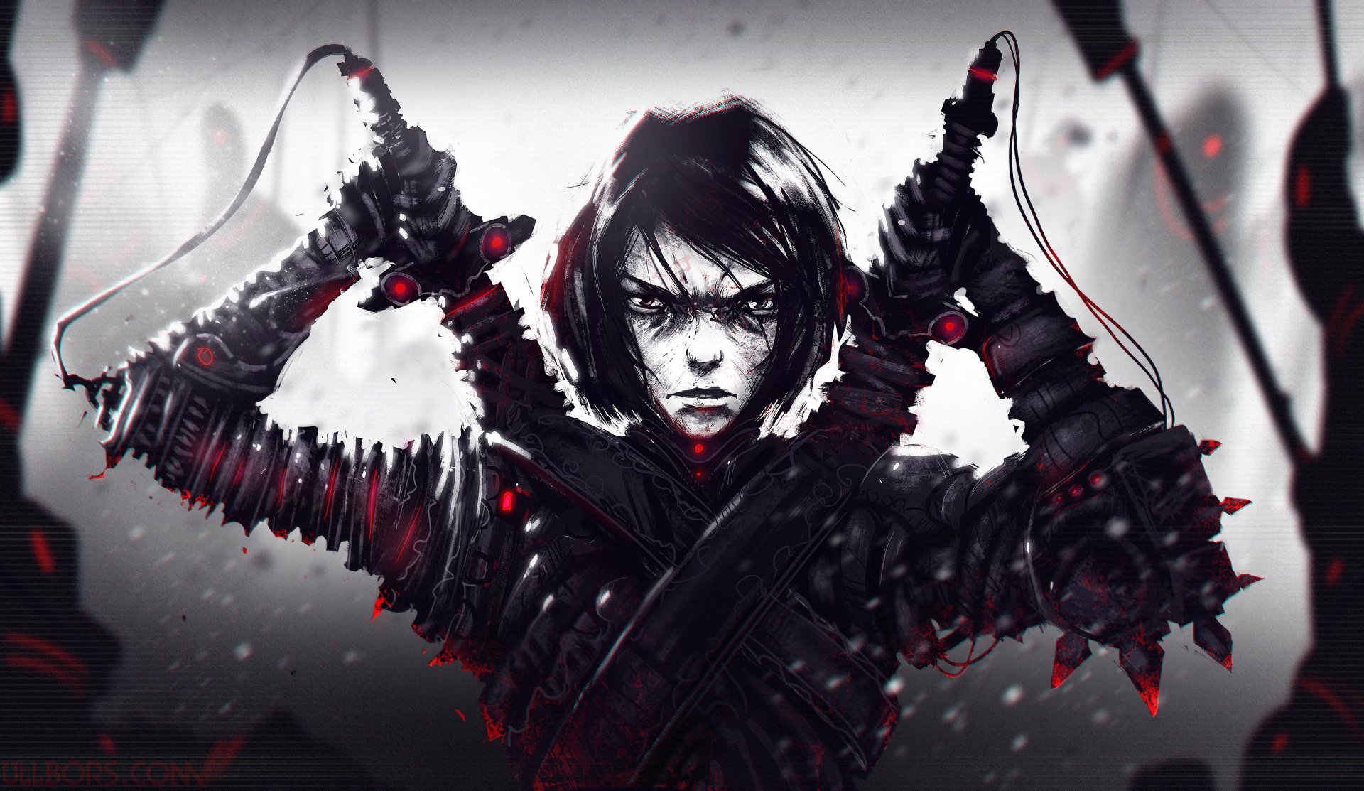 A fierce woman warrior in detailed armor stares intensely while gripping a sword, captured in a striking 4K Ultra HD fantasy PC desktop wallpaper.