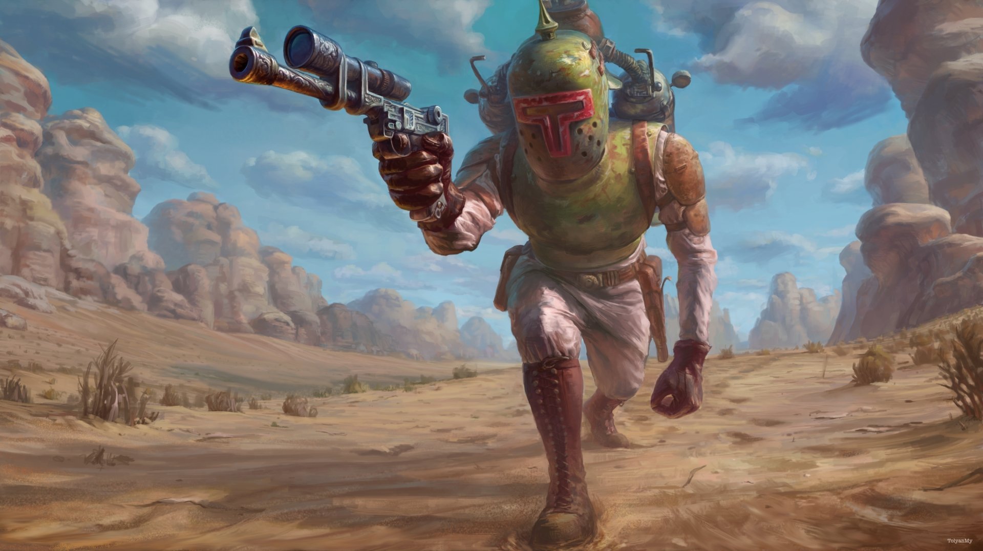 HD PC desktop wallpaper featuring a desert warrior inspired by Boba Fett from Star Wars, set against a vast sci-fi desert landscape under a bright sky.