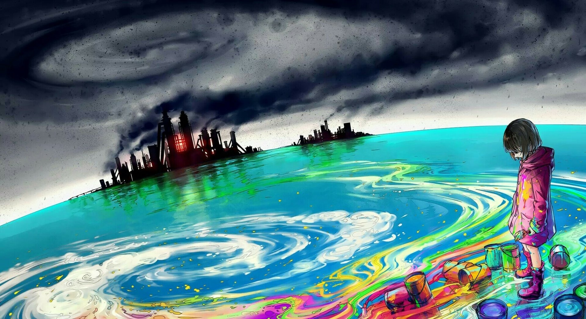 A vibrant anime-inspired landscape showcasing a colorful ocean swirling with pollutants, contrasted by a dark industrial skyline and smoke-filled sky, all rendered in striking detail.