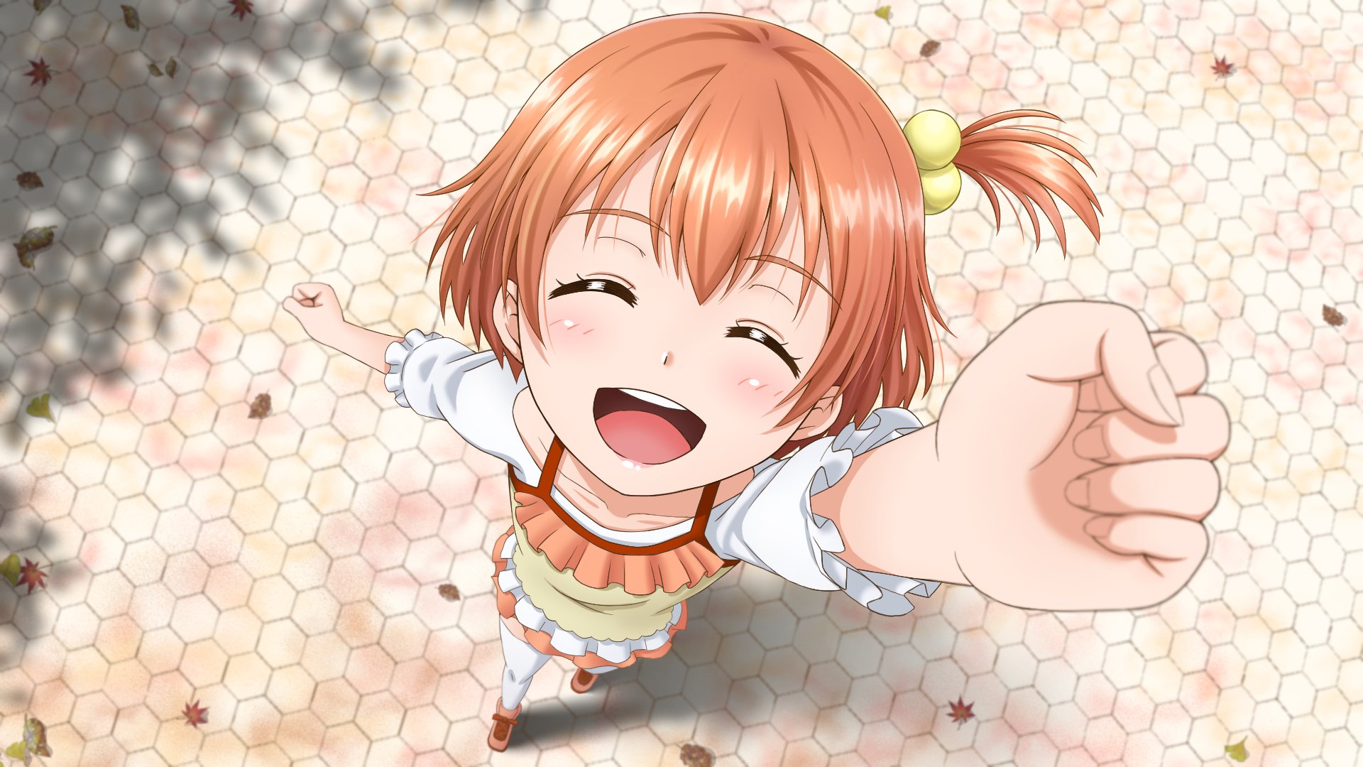 HD anime desktop wallpaper featuring Rin Hoshizora from Love Live! smiling brightly with an outstretched arm against a sunlit hexagonal tiled background.