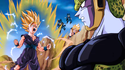 Super Saiyan 2 Gohan powers up while facing off against Cell in an intense Dragon Ball Z battle. Goku and other characters are seen in the background. This HD wallpaper showcases the iconic anime showdown.