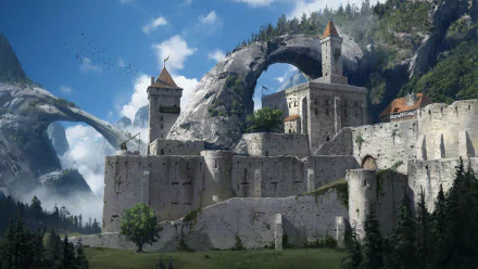HD fantasy desktop wallpaper depicting a medieval castle built around massive stone arches with a trebuchet positioned on the fortress walls under a bright blue sky.