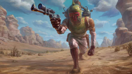 HD PC desktop wallpaper featuring a desert warrior inspired by Boba Fett from Star Wars, set against a vast sci-fi desert landscape under a bright sky.