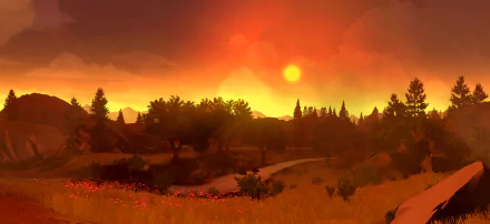 HD PC desktop wallpaper from the video game Firewatch, featuring a vibrant orange-hued landscape with trees, rolling hills, and a glowing sunset sky.