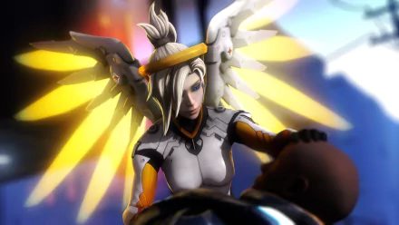HD PC desktop wallpaper featuring Mercy from the video game Overwatch, depicted with glowing yellow wings and her iconic healer outfit.